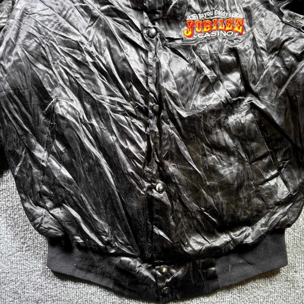 VTG 80s West Ark Bayou Caddy’s Jubilee Casino Satin Bomber Jacket Men's S Black - Picture 3 of 14
